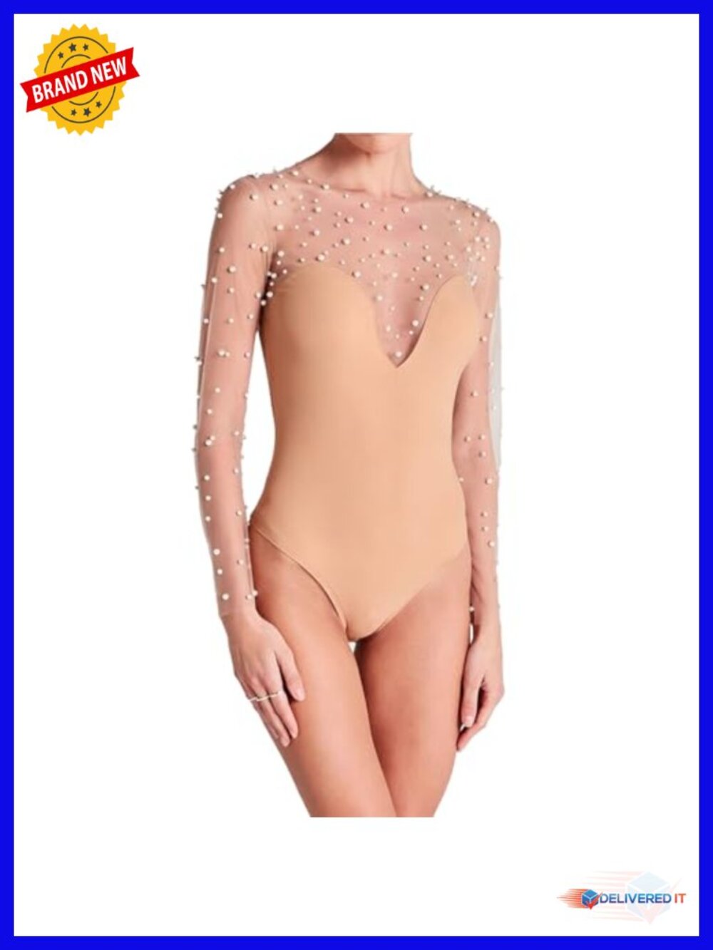Sheer Mesh Pearl Bodysuit Long Sleeve Snap Crotch Top